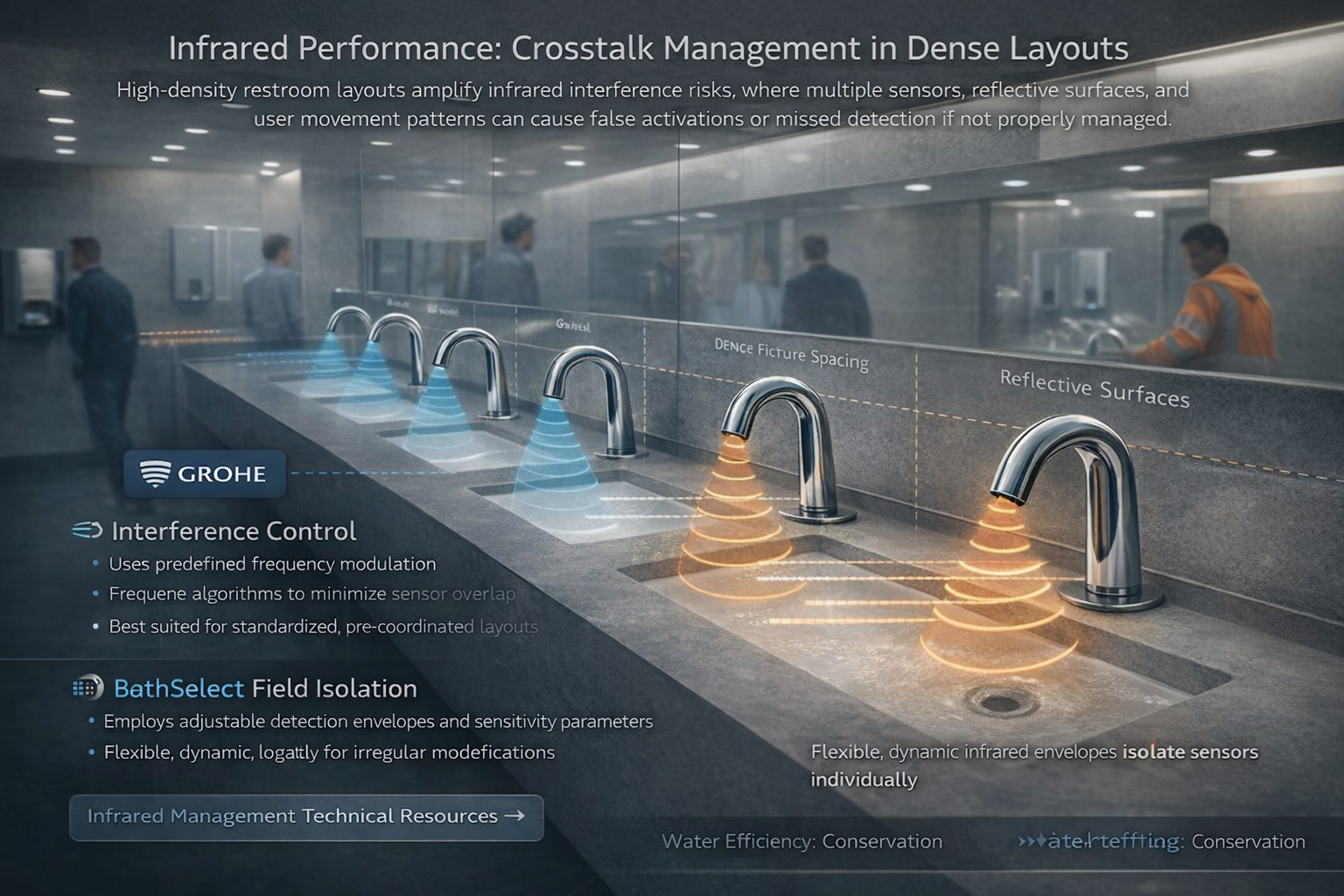 Infrared crosstalk management illustrating sensor interference mitigation in dense, multi-fixture restroom installations